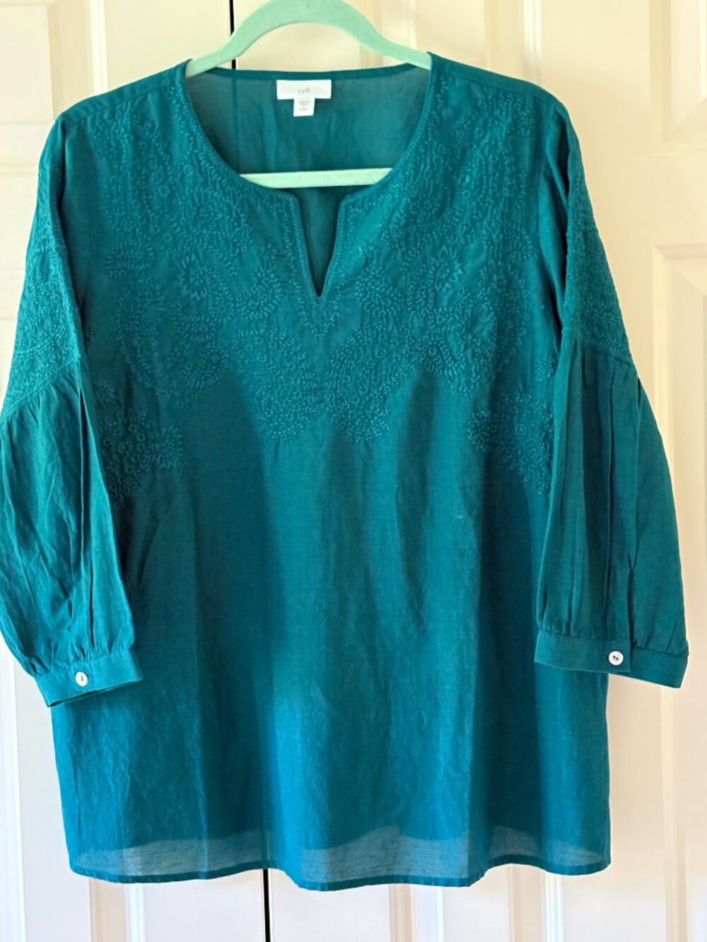 NWOT J. Jill Teal  Embroidered  Cotton Blend  Boho Top Peasant Blouse   Sz  LP